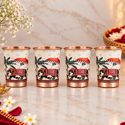 Copper Kalakriti Print Glass Set of Four With Gift Box/Hamper (3.5 Inch)