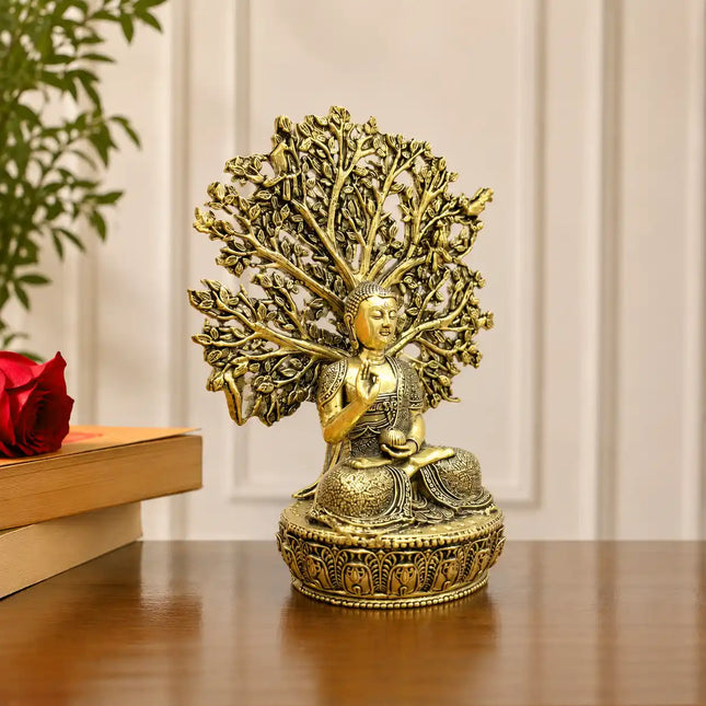 Brass Lightweight Buddha Statue With Tree (6.5 Inch)