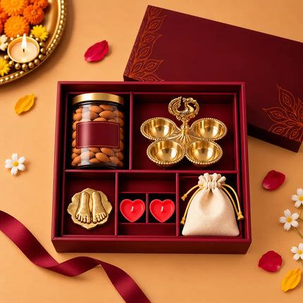 Brass Luxury Gift Hamper with Peacock Chopra & Charan Paduka