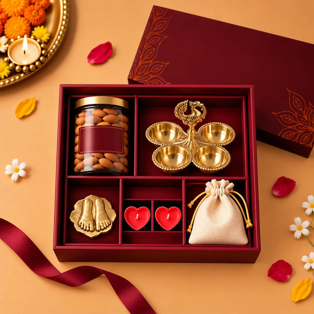 Brass Luxury Gift Hamper with Peacock Chopra & Charan Paduka