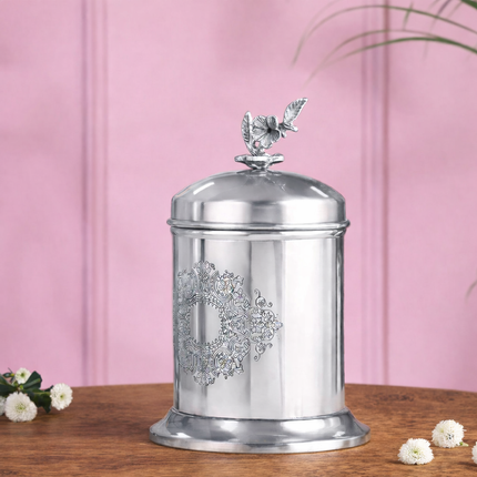 Brass Embossed Design Jar with leaf knob on lid, Brass Decorative Storage Box