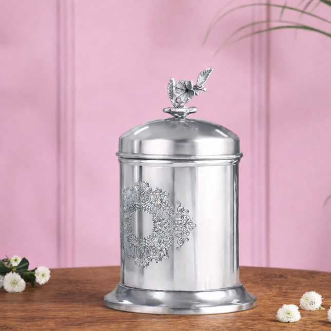 Brass Embossed Design Jar with leaf knob on lid, Brass Decorative Storage Box