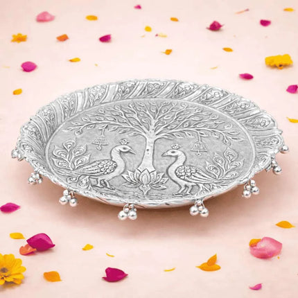 German Silver Pooja Thali With Ghungroo (11 inch)