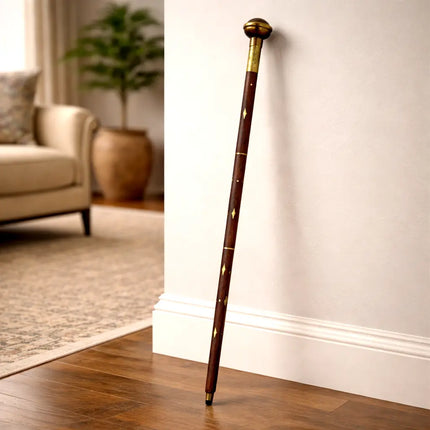 Brass Antique Wooden Walking Stick With Clock/Watch (35.5 Inch)