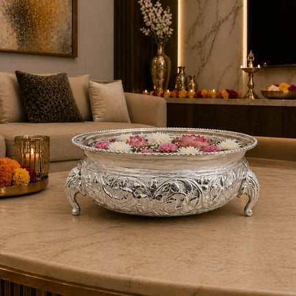 Brass Silver Urli Bowl with Elephant Legs (3.2 Inch)