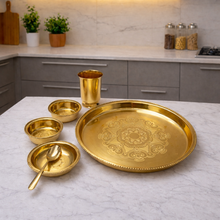 Brass Floral Design Thali/Dinner Set (1.15 Kg)