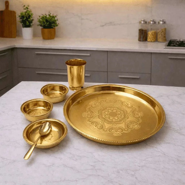 Brass Floral Design Thali/Dinner Set (1.15 Kg)