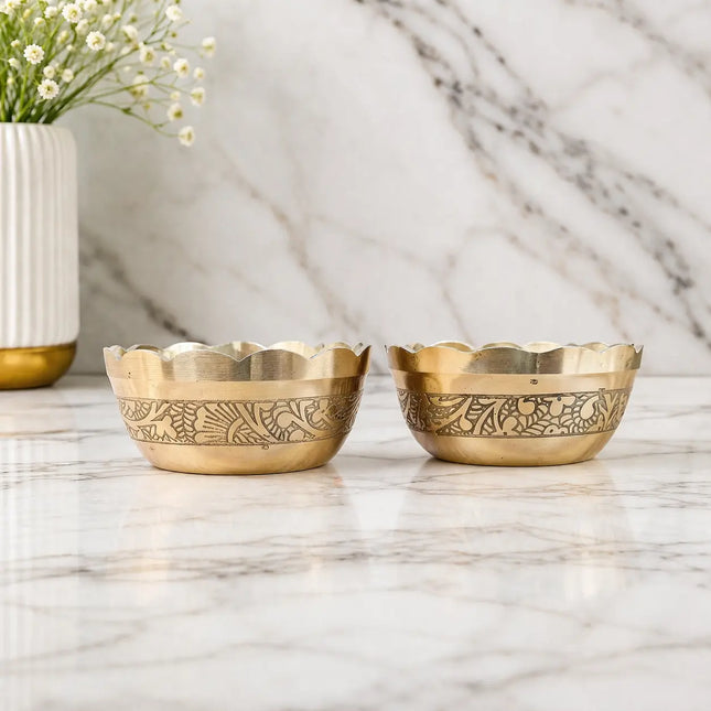 Brass Embossed Design Prasad Bowl Pair (1 Inch)