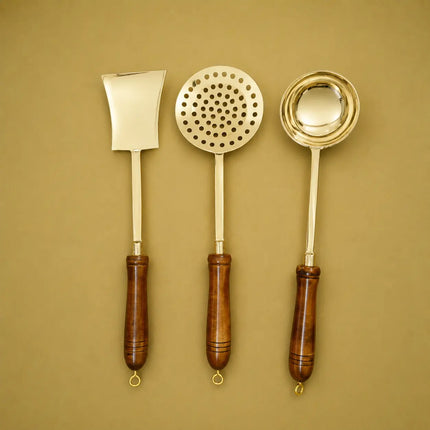 Brass Kitchen Ladles With Wooden Handle Set (14.5 Inch)