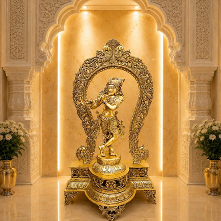 Brass Standing Krishna Idol On Throne / Singhasan (31 Inch)