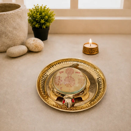 Brass Vastu Glass Shree Yantra Tortoise And Plate With Velvet Box