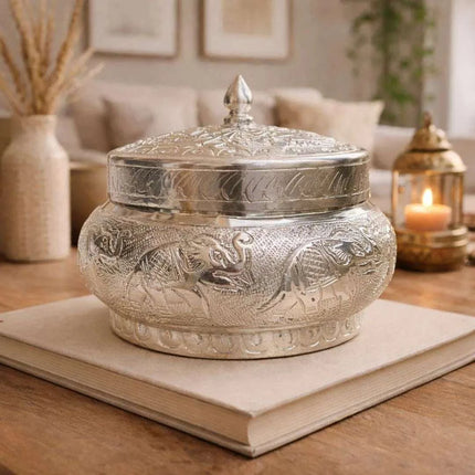 German Silver Storage Container/Supari Box With Lid (3.5 Inch)
