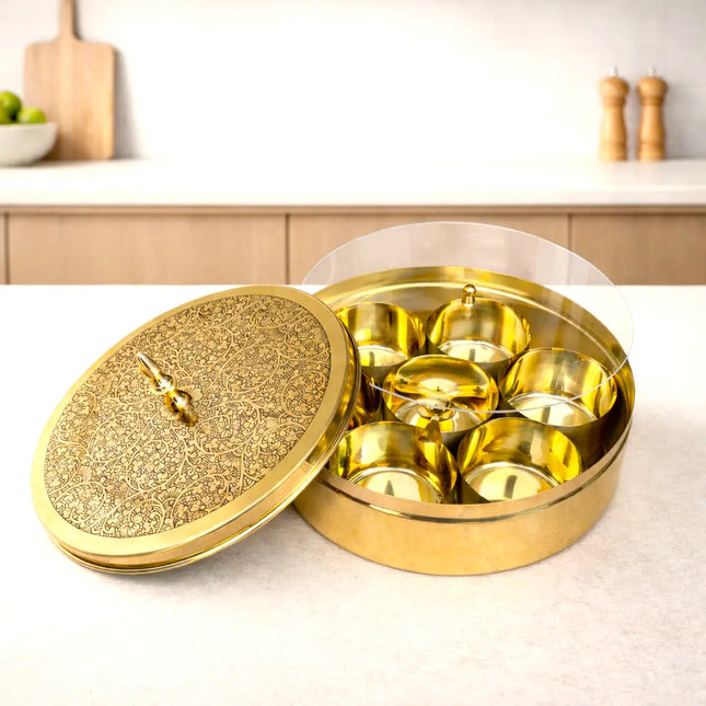 Brass Etched Floral Masala Daani / Spice Box (2.5 Inch)