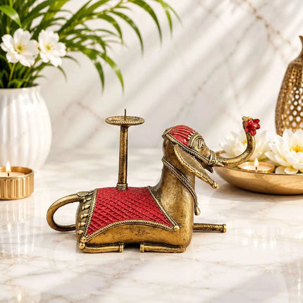 Brass Dhokra Sitting Elephant Statue With Candle Holder (5 Inch)