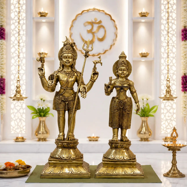 Brass Standing Shiva Parvati Idol Set (34 Inch)