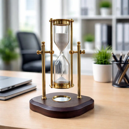 Brass Rotating Sand Clock With Compass And Wooden Stand
