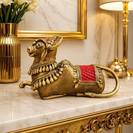 Brass Handcrafted Dhokra Sitting Nandi Idol (4.5 Inch)