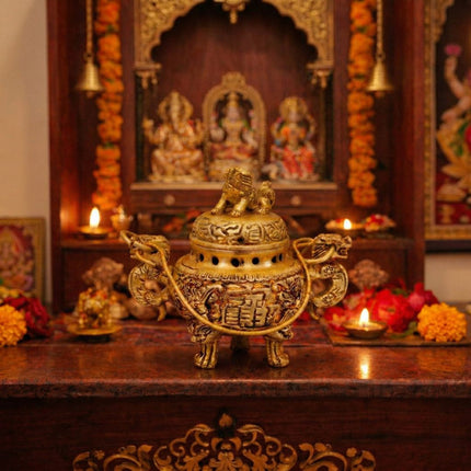 Brass Yali/kirtimukha Dragon Dhoop Dani & Incense Holder With Handle (4 Inch)