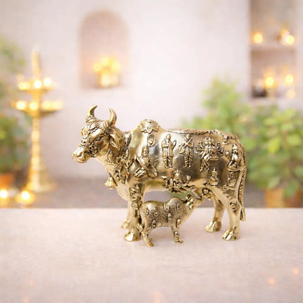 Brass Lightweight Kamdhenu Cow With Calf Idol (4 Inch)