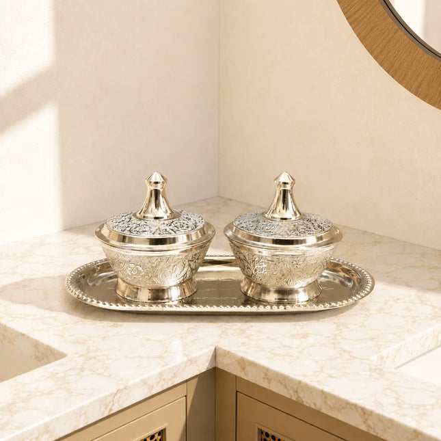 Brass Silver Twin Bowl Set with Lids And Tray (3 Inch)