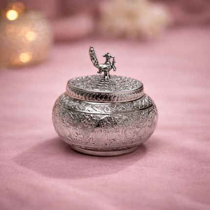 German Silver Storage Container/Supari Box With Lid (4.5 Inch)