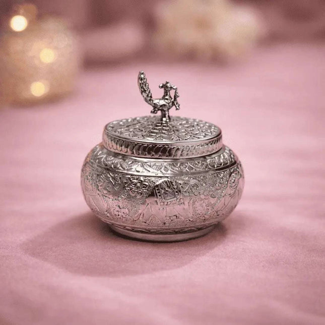German Silver Storage Container/Supari Box With Lid (4.5 Inch)