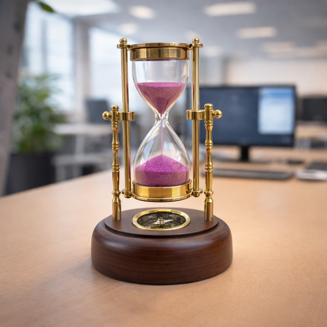 Brass Rotating Sand Clock With Compass And Wooden Stand