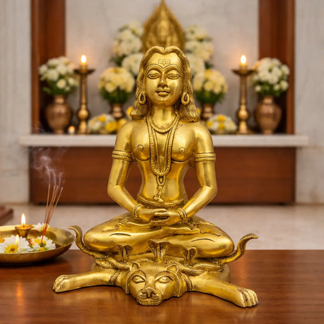 Brass Saint Gorakhnath Statue Sitting On Naag And Lion (14 Inch)