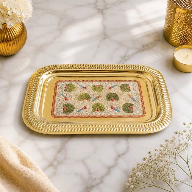 Brass Hand Painted Peacock Serving Tray