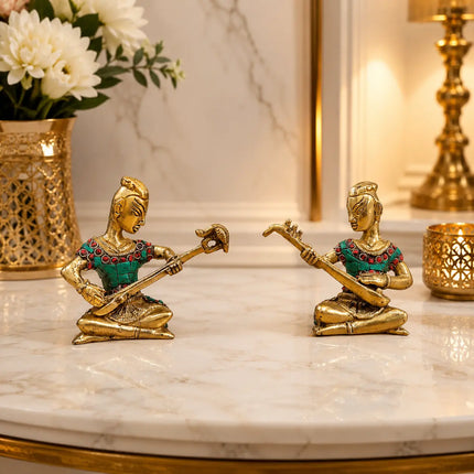Brass Stone Work Musician Lady Set of 2 (4 Inch)