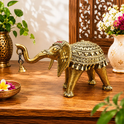 Brass Handcrafted Dhokra Elephant Statue With Bell (5.5 Inch)