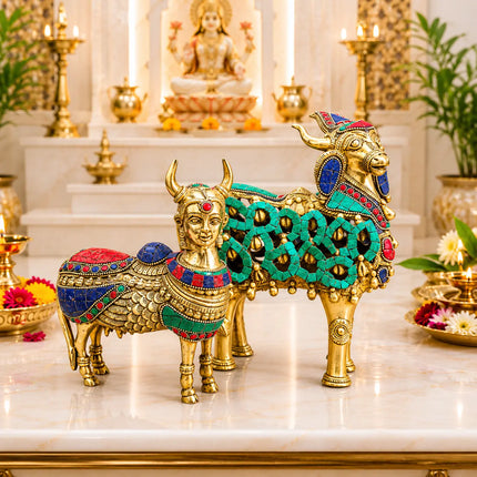 Brass Stone Work Standing Cow Idol