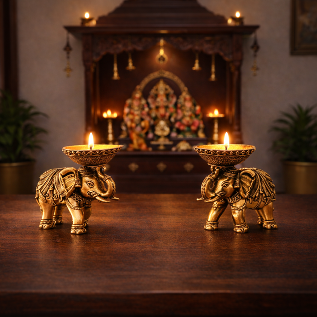 Brass Lightweight Elephant Standing Diya Pair (2.5 Inch)