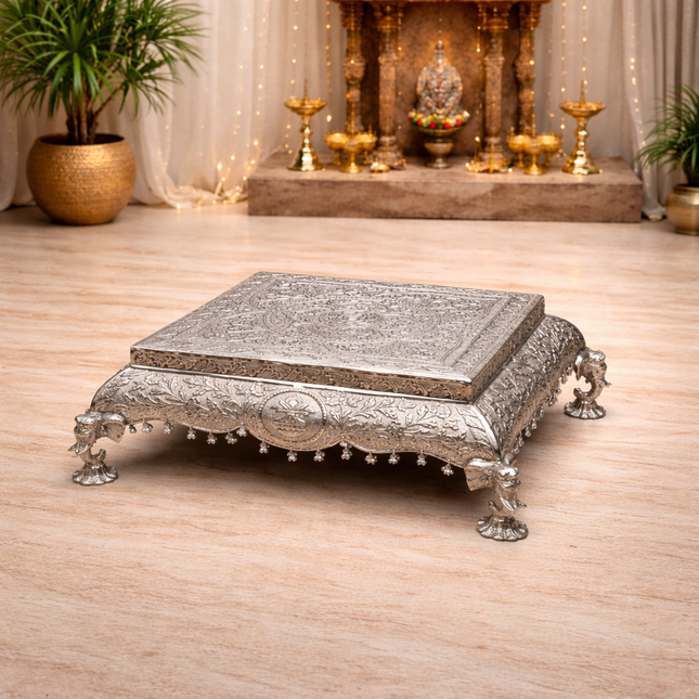 German Silver Handcrafted Chowki with Elephant Leg (7 Inch)