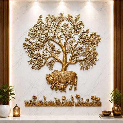 Brass Cow & Calf With Kalpvriksha Tree Wall Hanging (80 Inch)