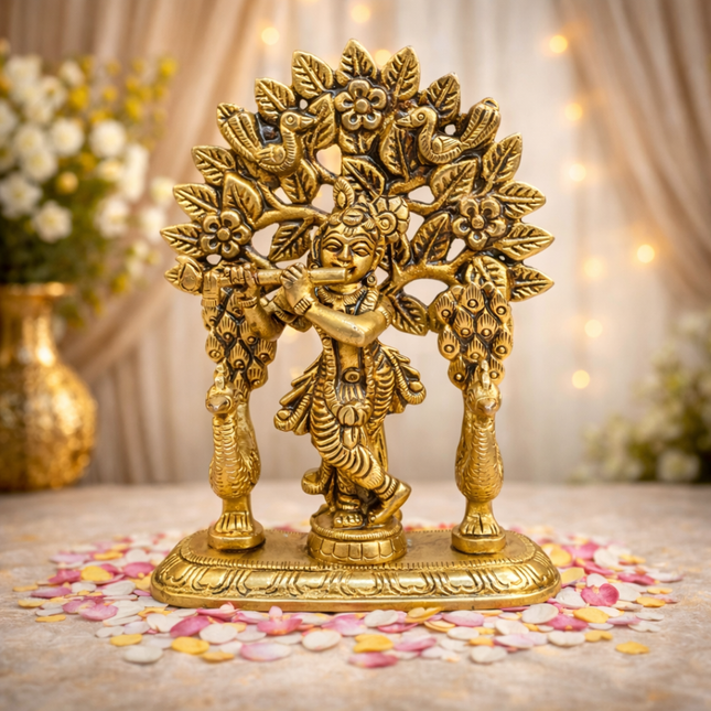Brass Lord Krishna Standing Statue With Tree And Peacock (5 Inch)
