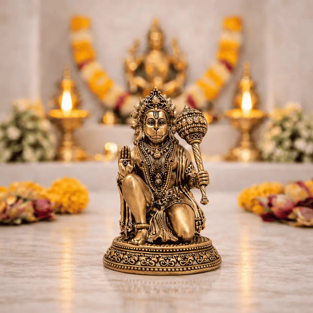 Brass Lightweight Sitting Blessing Hanuman Idol With Base (4 Inch)