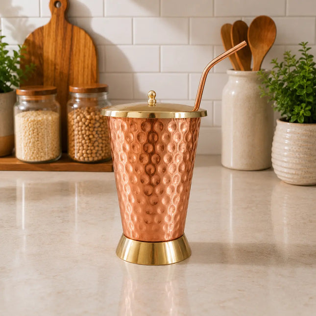 Copper Hammered Glass / Tumbler With Lid And Straw (6 Inch)