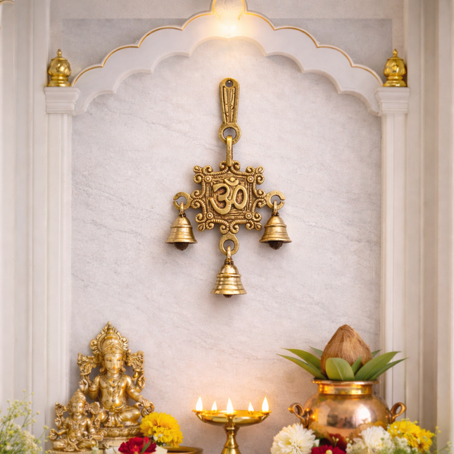 Brass Om Wall Hanging With Bell (7 Inch)