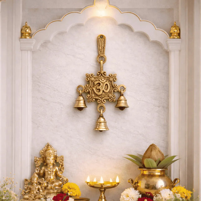 Brass Om Wall Hanging With Bell (7 Inch)