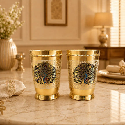 Brass Hand Painted Glass Pair