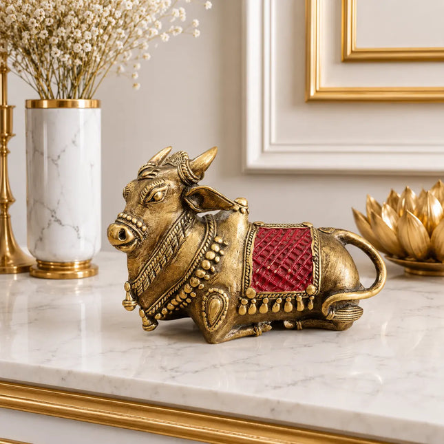 Brass Handcrafted Dhokra Sitting Nandi Idol (3.5 Inch)