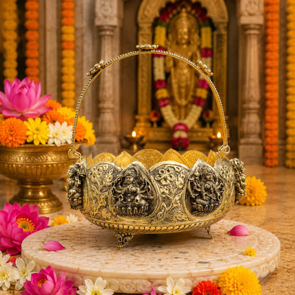 Brass Silver Plated Ashtalakshmi Basket With Handle And Leg (5 Inch)