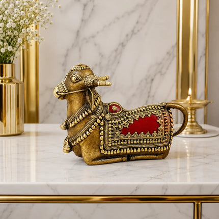 Brass Handcrafted Dhokra Sitting Nandi Idol (5.2 Inch)