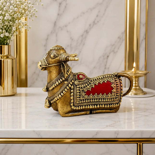 Brass Handcrafted Dhokra Sitting Nandi Idol (5.2 Inch)