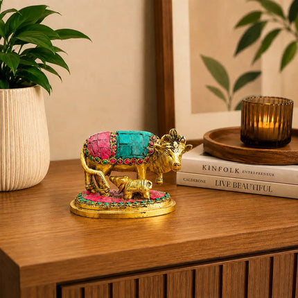 Brass Stone Work Kamdhenu Cow Idol (2.5 Inch)