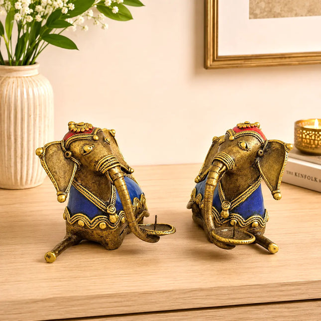 Brass Dhokra Sitting Elephant Statue Set With Candle Holder (5 Inch)