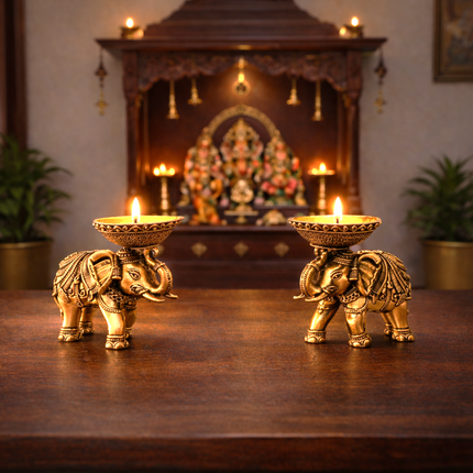 Brass Lightweight Elephant Standing Diya Pair (2.5 Inch)