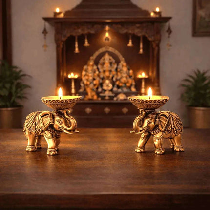 Brass Lightweight Elephant Standing Diya Pair (2.5 Inch)