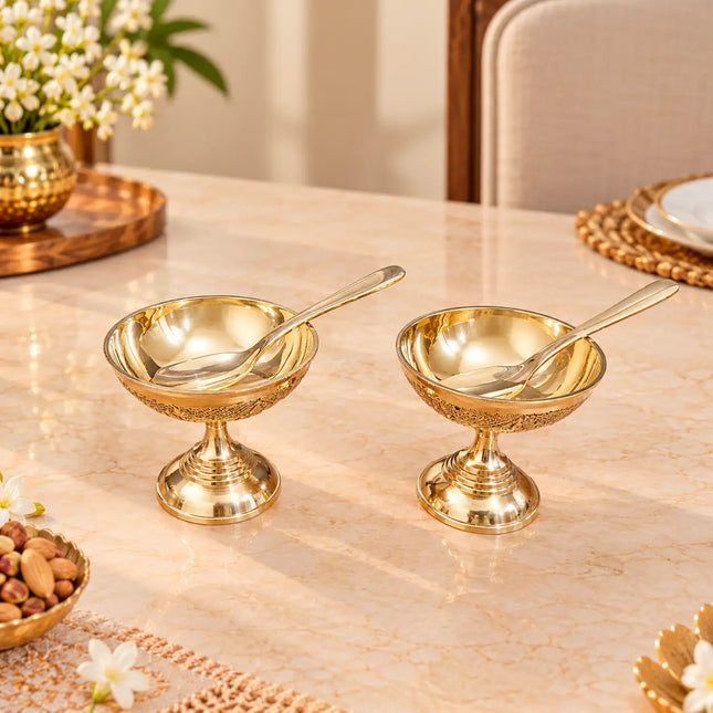 Brass Ice Cream Bowls with Spoons – Set of 2 (3.2 Inch)